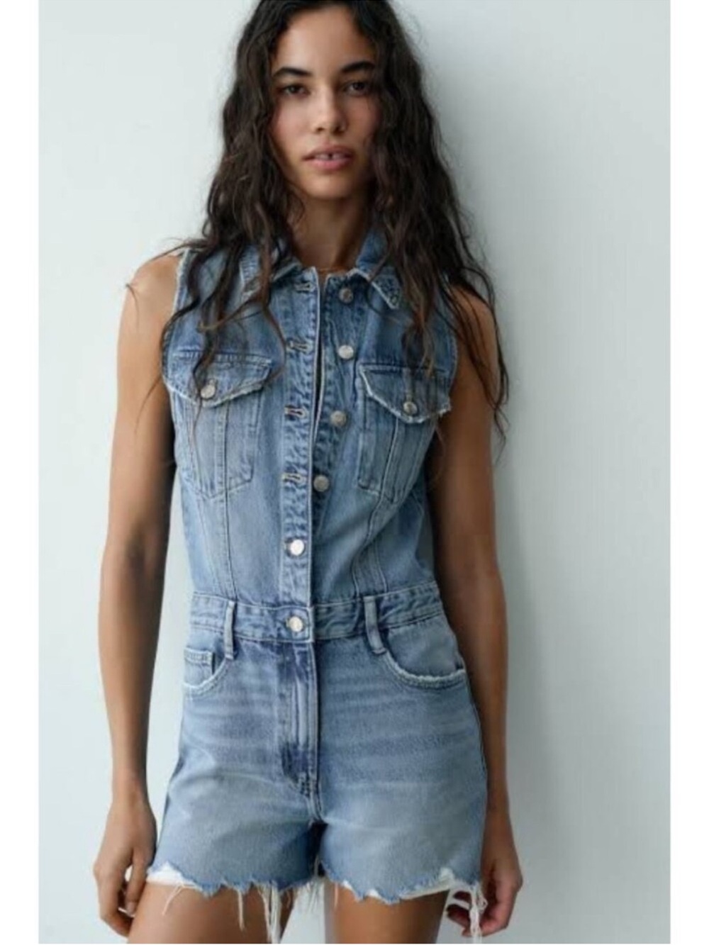 Zara Light Blue Denim Sleeveless Overall Romper